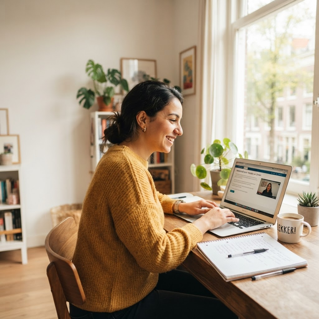 Expat leert thuis online Nederlands achter een laptop in een lichte woonkamer